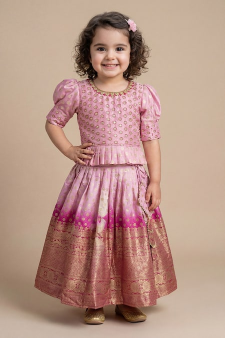 Buy_Maaikid_Emerald Green Silk Embroidery, Zari, Tassels Lotus Crop Top And Lehenga Set _Online_at_Aza_Fashions