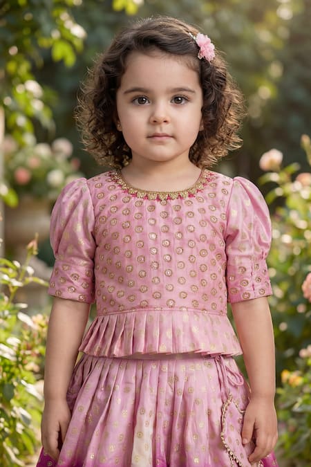 Shop_Maaikid_Emerald Green Silk Embroidery, Zari, Tassels Lotus Crop Top And Lehenga Set _Online_at_Aza_Fashions