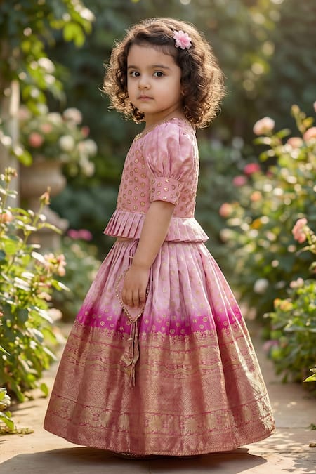 Buy_Maaikid_Emerald Green Silk Embroidery, Zari, Tassels Lotus Crop Top And Lehenga Set 