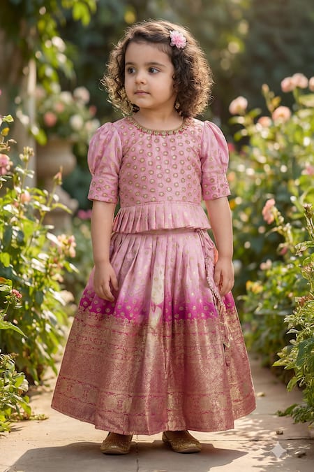 Shop_Maaikid_Emerald Green Silk Embroidery, Zari, Tassels Lotus Crop Top And Lehenga Set 