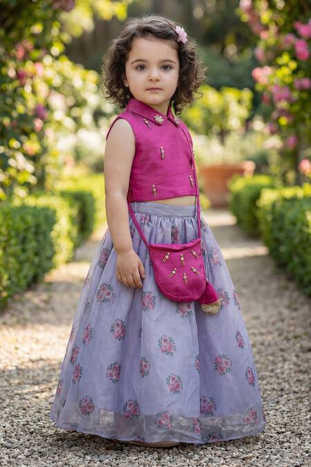 Maaikid_Purple Net, Silk Embroidery, Tassels, Metallic Thread Floral Print Lehenga Set _at_Aza_Fashions