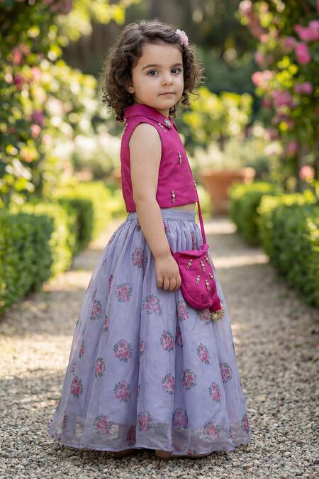 Shop_Maaikid_Purple Net, Silk Embroidery, Tassels, Metallic Thread Floral Print Lehenga Set 