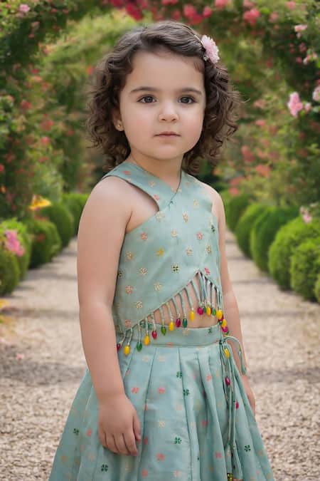 Maaikid_Green Silk Tassels, Beads, Embroidery Crop Top And Lehenga Set _Online_at_Aza_Fashions