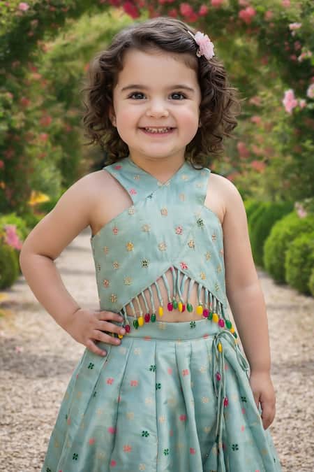 Shop_Maaikid_Green Silk Tassels, Beads, Embroidery Crop Top And Lehenga Set _Online_at_Aza_Fashions