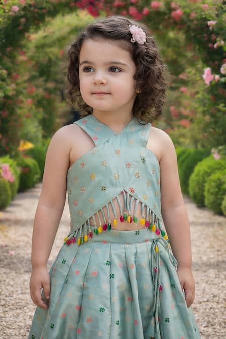Buy_Maaikid_Green Silk Tassels, Beads, Embroidery Crop Top And Lehenga Set 