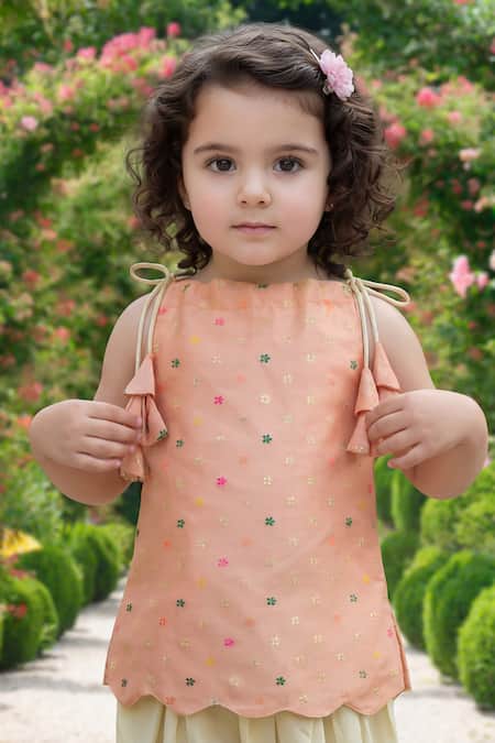 Buy_Maaikid_Peach Silk, Cotton Embroidery, Ruffles Kurta And Dhoti Pant Set _Online_at_Aza_Fashions
