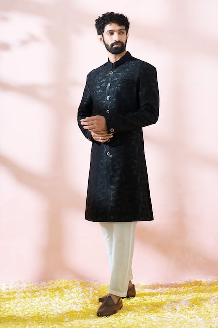 Arihant Rai Sinha_Black Polyester, Viscose Geometric Pattern Sherwani And Pant Set _Online_at_Aza_Fashions