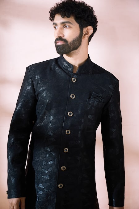 Buy_Arihant Rai Sinha_Black Polyester, Viscose Geometric Pattern Sherwani And Pant Set _Online_at_Aza_Fashions
