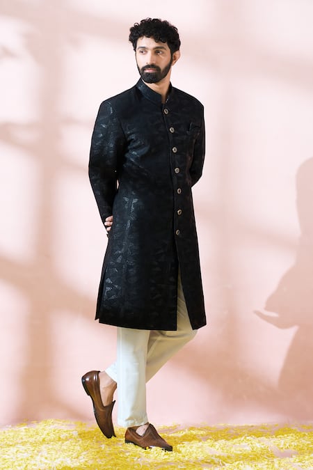 Arihant Rai Sinha_Black Polyester, Viscose Geometric Pattern Sherwani And Pant Set _at_Aza_Fashions