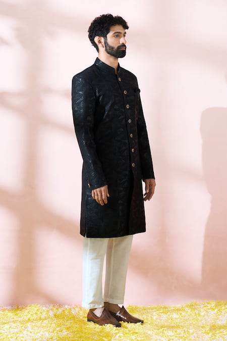 Buy_Arihant Rai Sinha_Black Polyester, Viscose Geometric Pattern Sherwani And Pant Set 