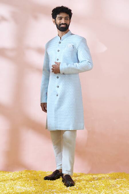 Buy_Arihant Rai Sinha_Blue Cotton, Silk, Polyester, Viscose Embroidery, Thread Sherwani And Pant Set _Online_at_Aza_Fashions