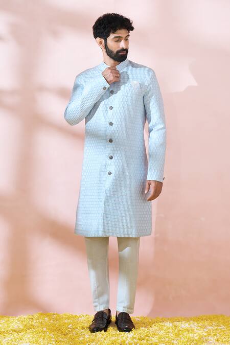 Shop_Arihant Rai Sinha_Blue Cotton, Silk, Polyester, Viscose Embroidery, Thread Sherwani And Pant Set _Online_at_Aza_Fashions