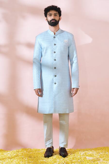 Buy_Arihant Rai Sinha_Blue Cotton, Silk, Polyester, Viscose Embroidery, Thread Sherwani And Pant Set 