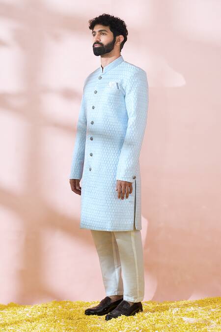 Shop_Arihant Rai Sinha_Blue Cotton, Silk, Polyester, Viscose Embroidery, Thread Sherwani And Pant Set 