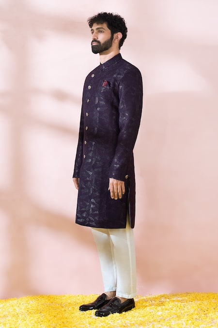 Buy_Arihant Rai Sinha_Wine Polyester, Viscose Geometric Pattern Sherwani And Solid Pant _Online_at_Aza_Fashions