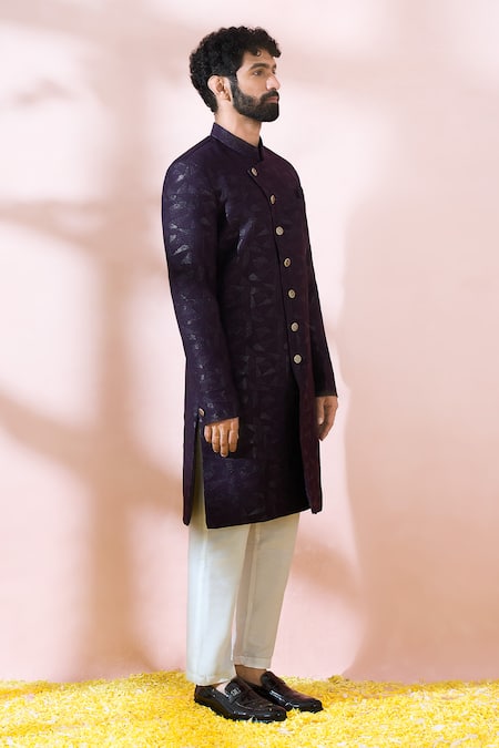 Arihant Rai Sinha_Wine Polyester, Viscose Geometric Pattern Sherwani And Solid Pant _at_Aza_Fashions