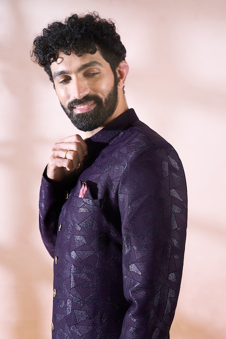 Buy_Arihant Rai Sinha_Wine Polyester, Viscose Geometric Pattern Sherwani And Solid Pant 