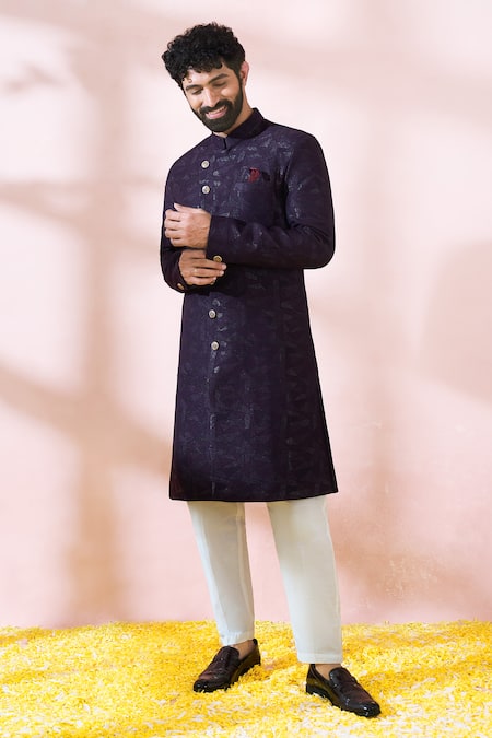 Shop_Arihant Rai Sinha_Wine Polyester, Viscose Geometric Pattern Sherwani And Solid Pant 