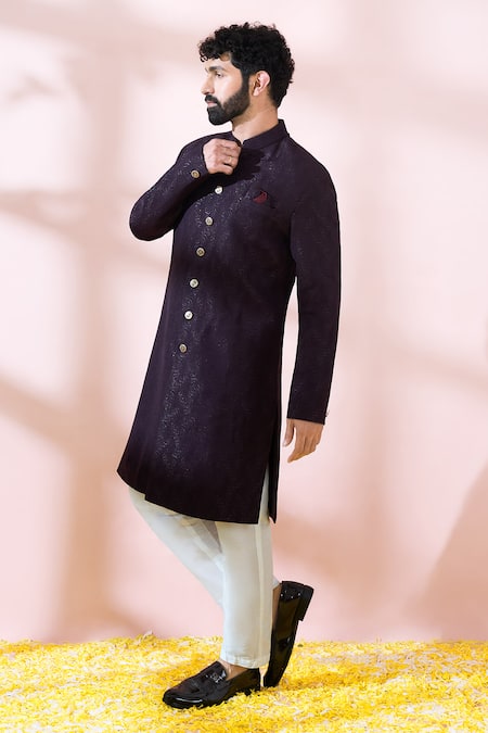 Shop_Arihant Rai Sinha_Wine Polyester, Viscose Textured Sherwani With Pant _Online_at_Aza_Fashions
