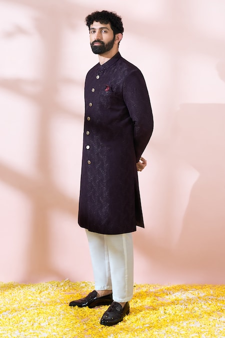 Arihant Rai Sinha_Wine Polyester, Viscose Textured Sherwani With Pant _at_Aza_Fashions