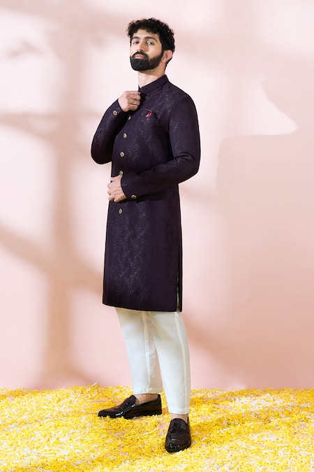 Buy_Arihant Rai Sinha_Wine Polyester, Viscose Textured Sherwani With Pant 