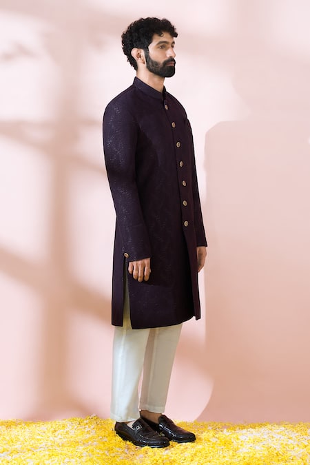 Shop_Arihant Rai Sinha_Wine Polyester, Viscose Textured Sherwani With Pant 
