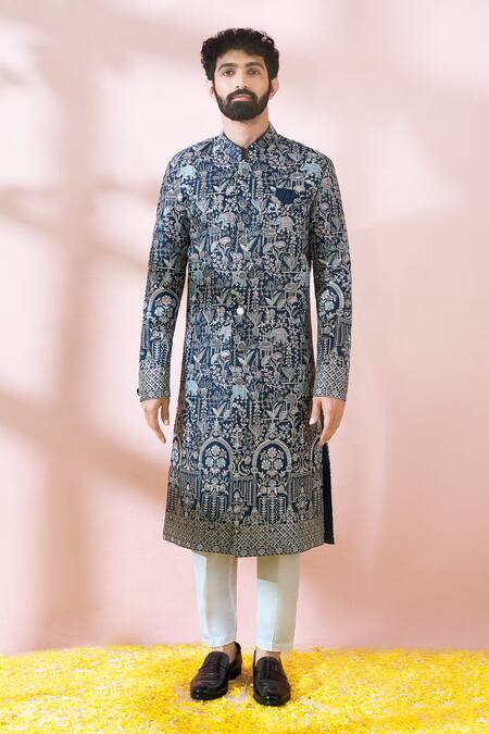 Arihant Rai Sinha_Blue Terrycloth, Polyester, Viscose Embroidery, Sequins, Sherwani And Pant Set _Online_at_Aza_Fashions