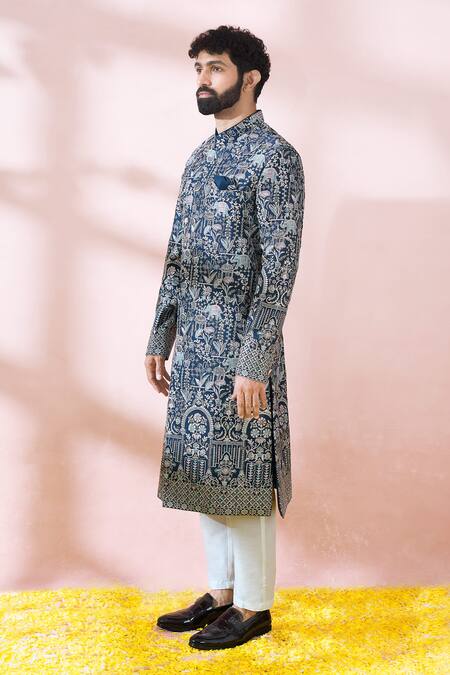 Buy_Arihant Rai Sinha_Blue Terrycloth, Polyester, Viscose Embroidery, Sequins, Sherwani And Pant Set _Online_at_Aza_Fashions