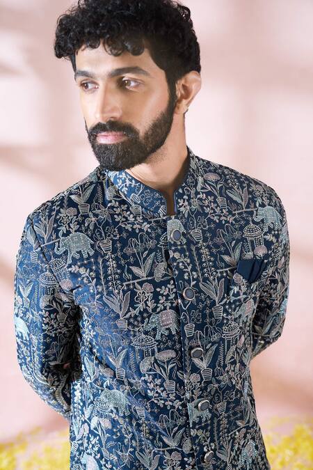 Shop_Arihant Rai Sinha_Blue Terrycloth, Polyester, Viscose Embroidery, Sequins, Sherwani And Pant Set _Online_at_Aza_Fashions