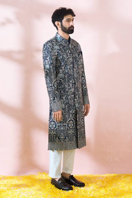 Arihant Rai Sinha_Blue Terrycloth, Polyester, Viscose Embroidery, Sequins, Sherwani And Pant Set _at_Aza_Fashions