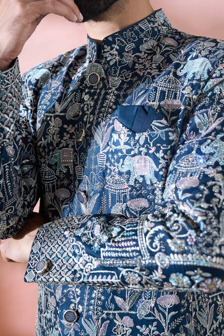 Buy_Arihant Rai Sinha_Blue Terrycloth, Polyester, Viscose Embroidery, Sequins, Sherwani And Pant Set 