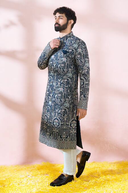 Shop_Arihant Rai Sinha_Blue Terrycloth, Polyester, Viscose Embroidery, Sequins, Sherwani And Pant Set 