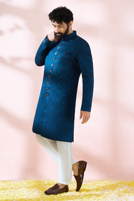 Buy_Arihant Rai Sinha_Blue Satin, Polyester, Viscose Embroidery Floral Pattern Sherwani And Pant Set _Online_at_Aza_Fashions