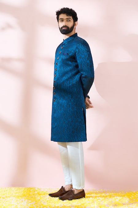 Shop_Arihant Rai Sinha_Blue Satin, Polyester, Viscose Embroidery Floral Pattern Sherwani And Pant Set _Online_at_Aza_Fashions