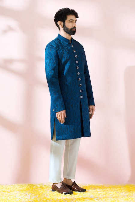 Buy_Arihant Rai Sinha_Blue Satin, Polyester, Viscose Embroidery Floral Pattern Sherwani And Pant Set 