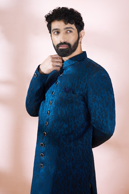 Shop_Arihant Rai Sinha_Blue Satin, Polyester, Viscose Embroidery Floral Pattern Sherwani And Pant Set 