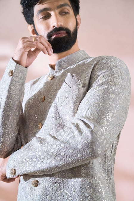 Shop Arihant Rai Sinha Pink Silk, Polyester, Viscose Embroidery, Paisley And Sherwani Pant Set Shop_Arihant Rai Sinha_Pink Silk, Polyester, Viscose Embroidery, Paisley And Sherwani Pant Set