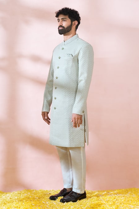 Shop_Arihant Rai Sinha_Green Silk, Polyester, Viscose Embroidery, Sequins Thread Sherwani And Pant Set _Online_at_Aza_Fashions