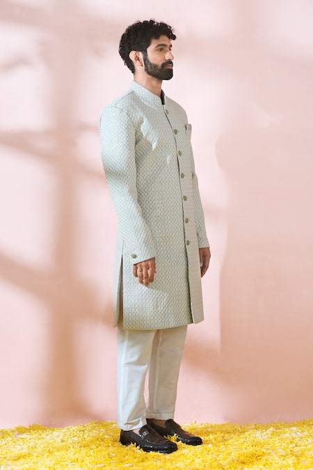 Arihant Rai Sinha_Green Silk, Polyester, Viscose Embroidery, Sequins Thread Sherwani And Pant Set _at_Aza_Fashions