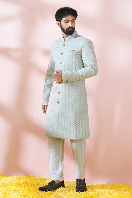 Buy_Arihant Rai Sinha_Green Silk, Polyester, Viscose Embroidery, Sequins Thread Sherwani And Pant Set 
