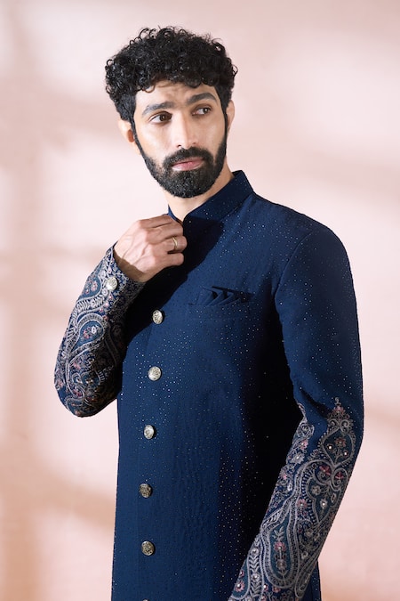 Shop_Arihant Rai Sinha_Blue Terrycloth, Polyester, Viscose Embroidery, Threadwork Sherwani And Pant Set _Online_at_Aza_Fashions