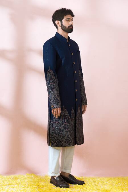 Buy_Arihant Rai Sinha_Blue Terrycloth, Polyester, Viscose Embroidery, Threadwork Sherwani And Pant Set 