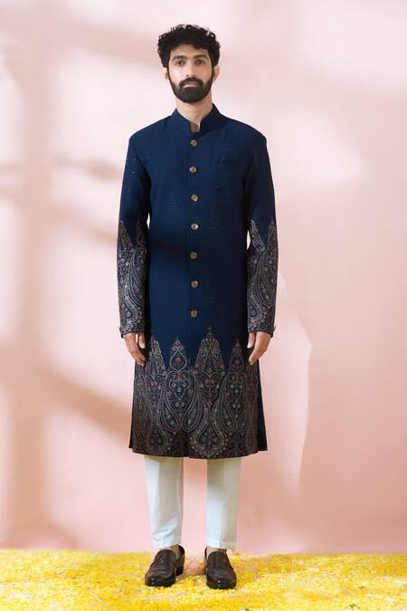 Shop_Arihant Rai Sinha_Blue Terrycloth, Polyester, Viscose Embroidery, Threadwork Sherwani And Pant Set 