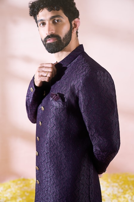 Arihant Rai Sinha_Wine Polyester, Viscose Geometric Pattern Sherwani And Pant Set _Online_at_Aza_Fashions