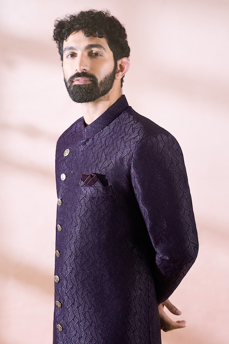 Buy_Arihant Rai Sinha_Wine Polyester, Viscose Geometric Pattern Sherwani And Pant Set _Online_at_Aza_Fashions
