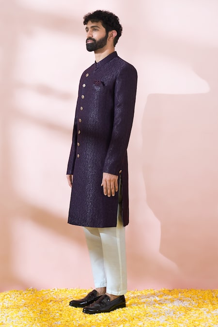 Shop_Arihant Rai Sinha_Wine Polyester, Viscose Geometric Pattern Sherwani And Pant Set _Online_at_Aza_Fashions