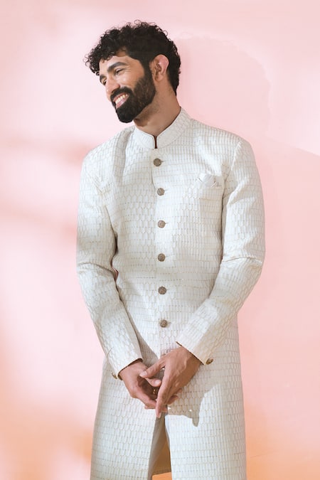 Arihant Rai Sinha_Off White Polyester, Viscose Embroidery, Sequins Thread Sherwani And Pant Set _Online_at_Aza_Fashions