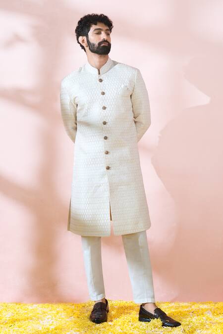 Arihant Rai Sinha_Off White Polyester, Viscose Embroidery, Sequins Thread Sherwani And Pant Set _at_Aza_Fashions