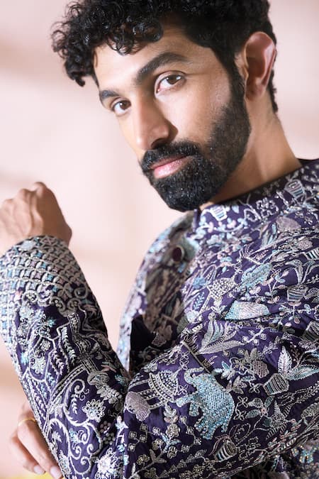 Arihant Rai Sinha_Wine Polyester, Viscose Embroidery, Sequins, Metallic Thread Sherwani And Pant Set _Online_at_Aza_Fashions