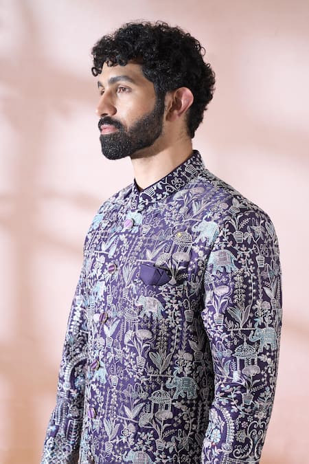 Buy_Arihant Rai Sinha_Wine Polyester, Viscose Embroidery, Sequins, Metallic Thread Sherwani And Pant Set _Online_at_Aza_Fashions